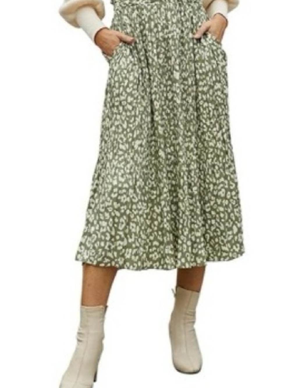 Smocked Waist Olive Green Printed Midi Skirt
